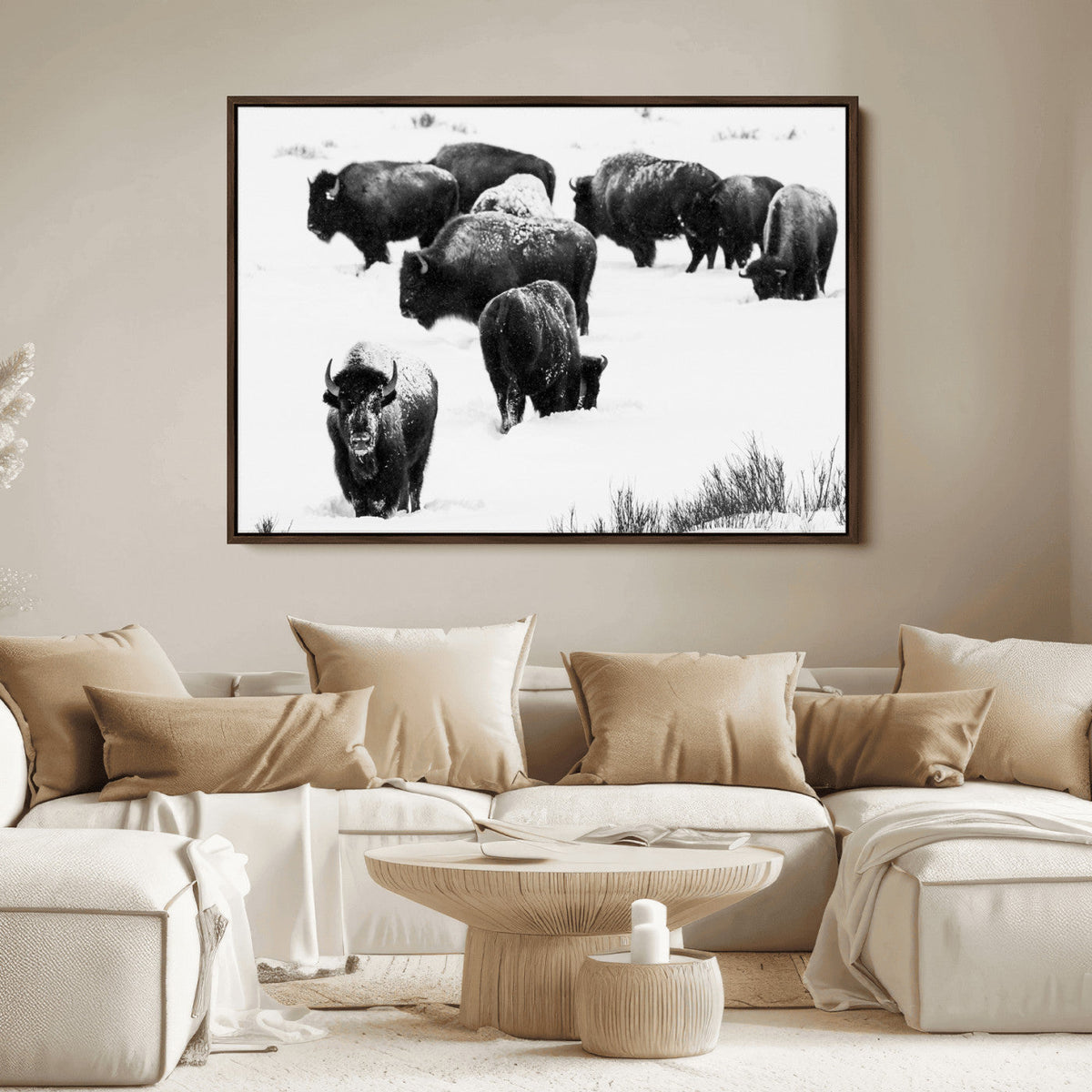 Buffalo Herd Wall Art Canvas Print – Framed Black and White