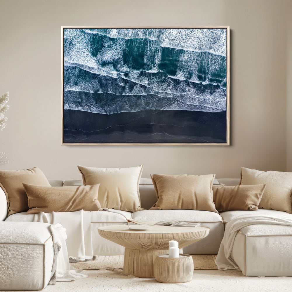 Black Beach Wall Art Canvas Print – Framed Aerial Ocean View