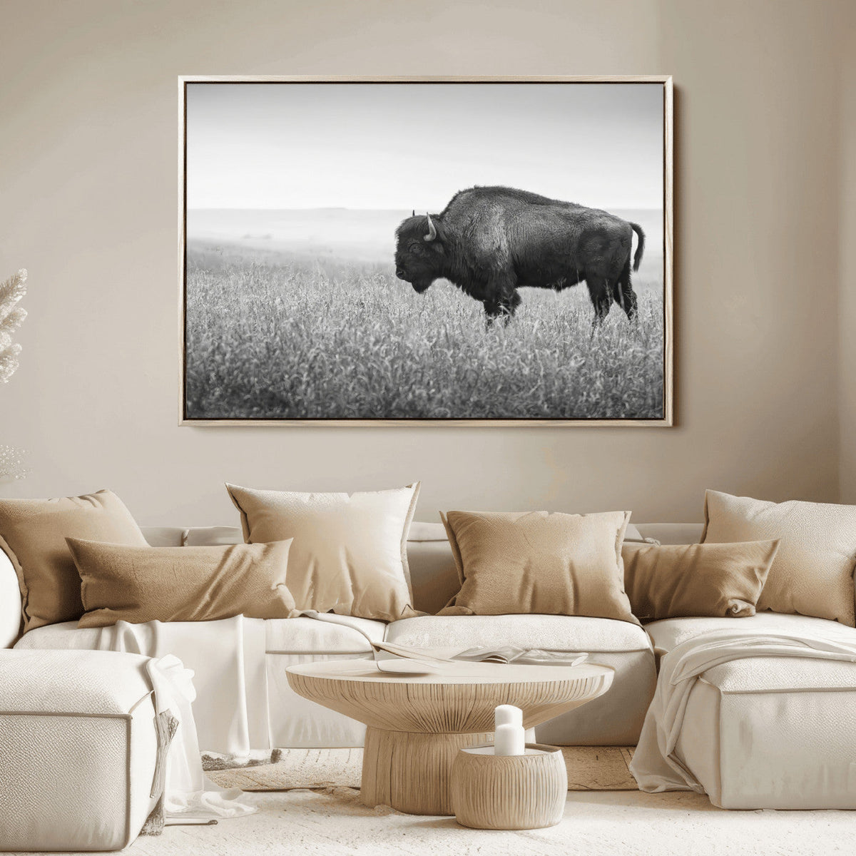 Bison in Prairie Wall Art Canvas Print – Framed Rustic