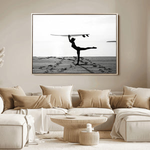 Yoga Surf Wall Art Canvas Print – Framed Black White Shore