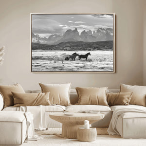 Wild Horses Wall Art Canvas Print – Framed Black and White
