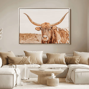 Texas Longhorn Wall Art Canvas Print – Framed Sepia Cow Art