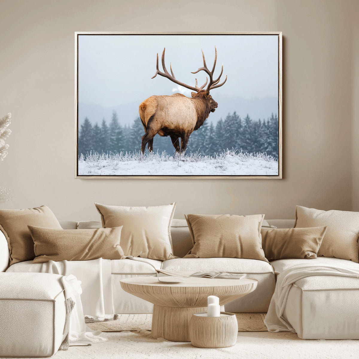 Elk Wall Art Canvas Print – Framed Snowy Forest Scene Art