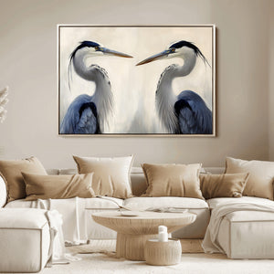 Blue Heron Pair Wall Art Canvas Print, Framed Coastal Bird