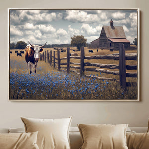 Texas Longhorn Canvas Wall Art Print – Framed Rustic Barn