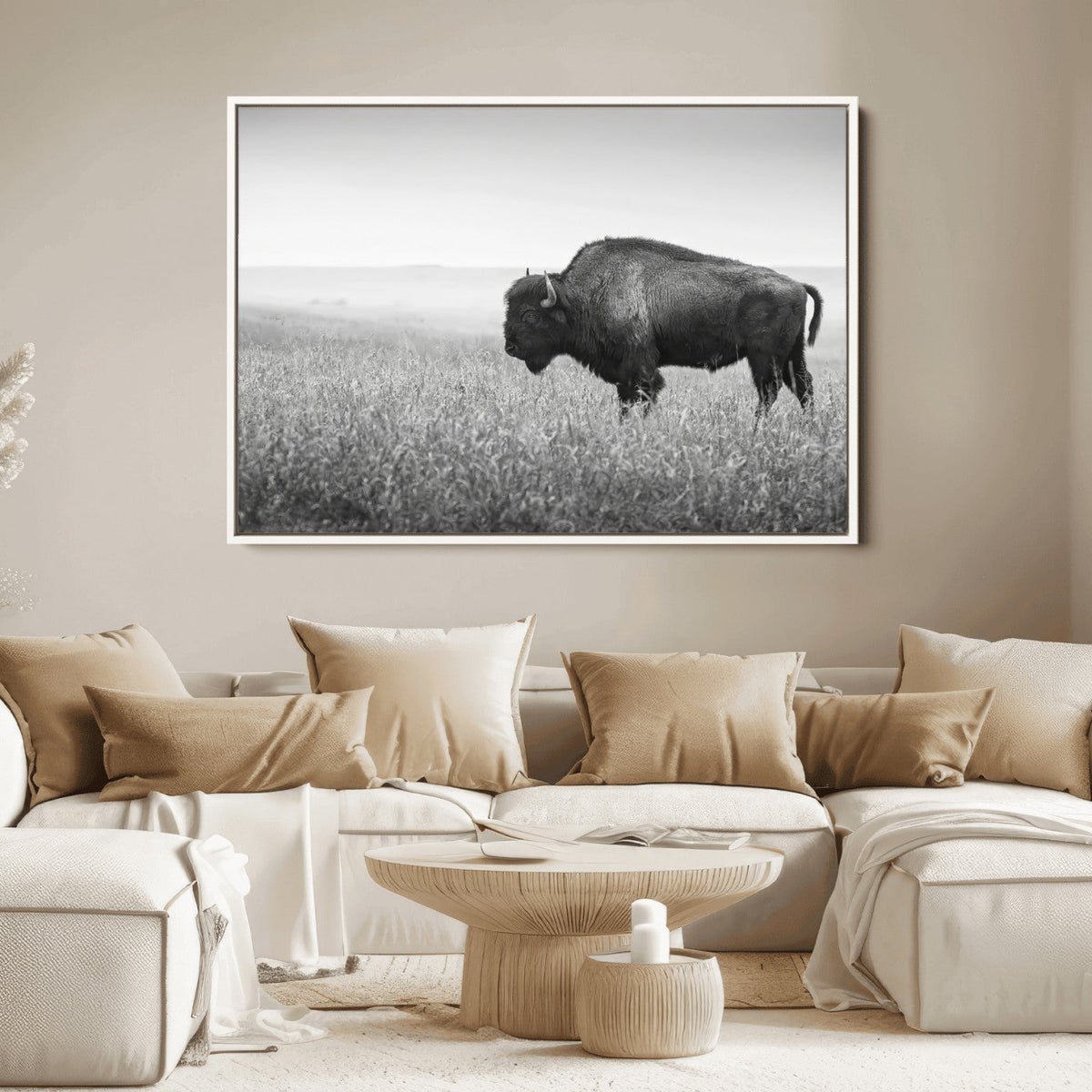 Bison in Prairie Wall Art Canvas Print – Framed Rustic