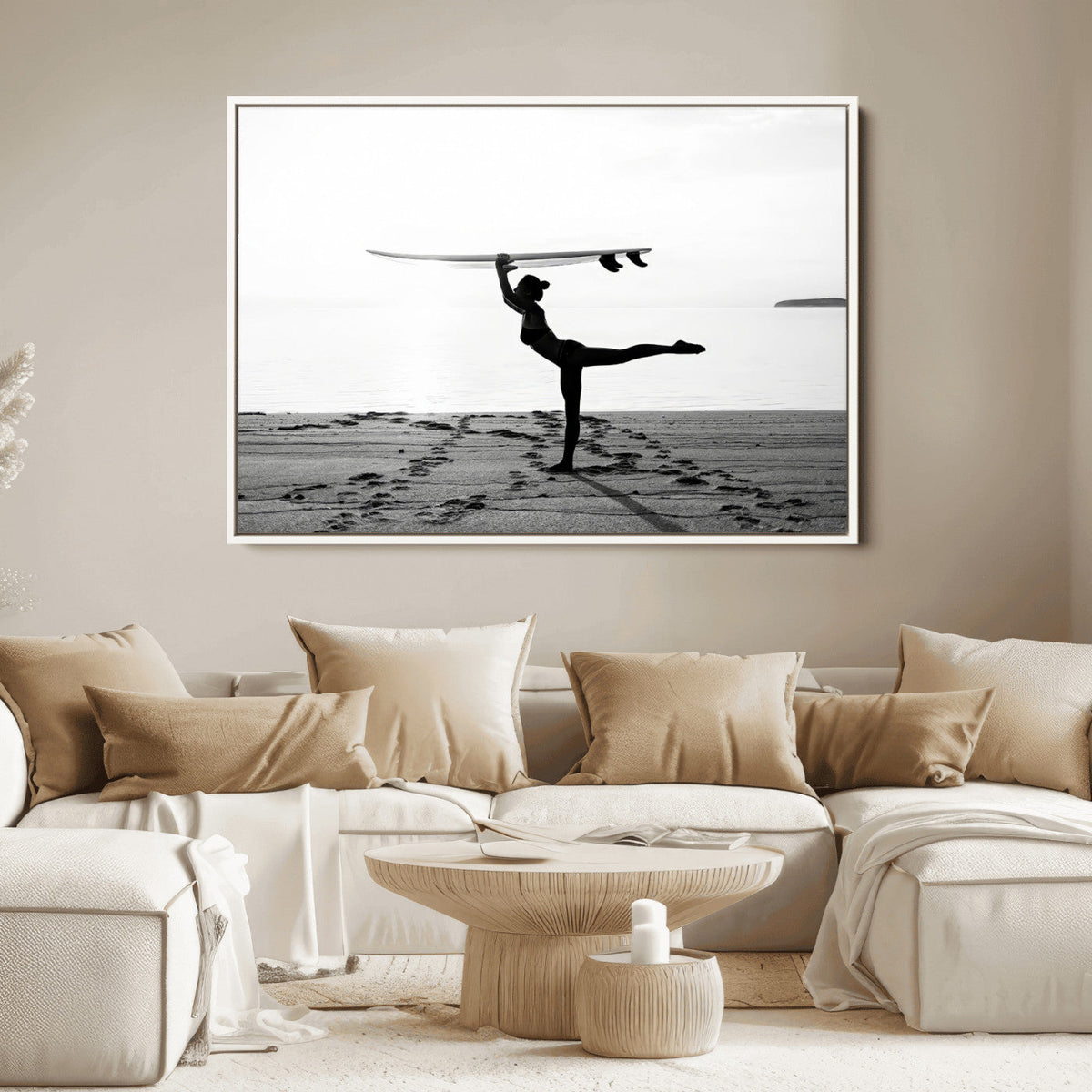Yoga Surf Wall Art Canvas Print – Framed Black White Shore