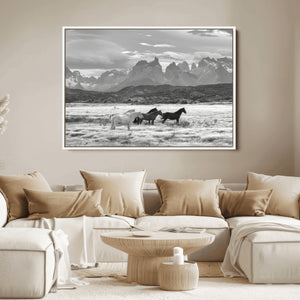 Wild Horses Wall Art Canvas Print – Framed Black and White