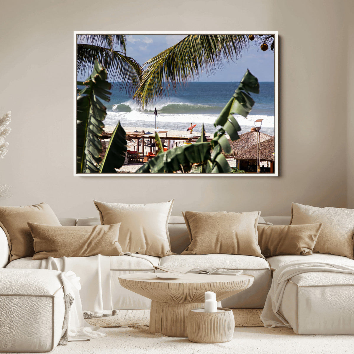 Tropical Shoreline Wall Art Canvas Print – Framed Surfer