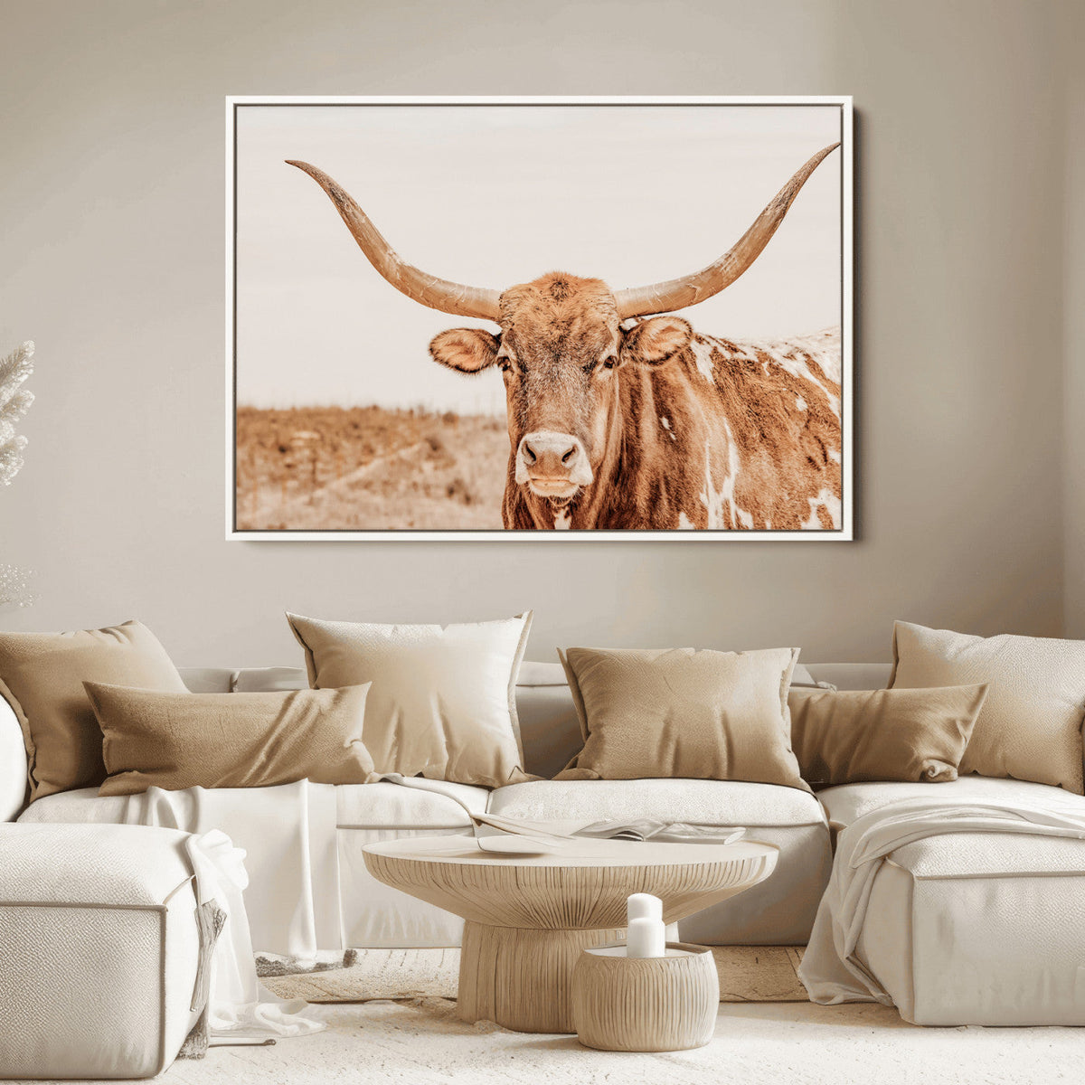 Texas Longhorn Wall Art Canvas Print – Framed Sepia Cow Art