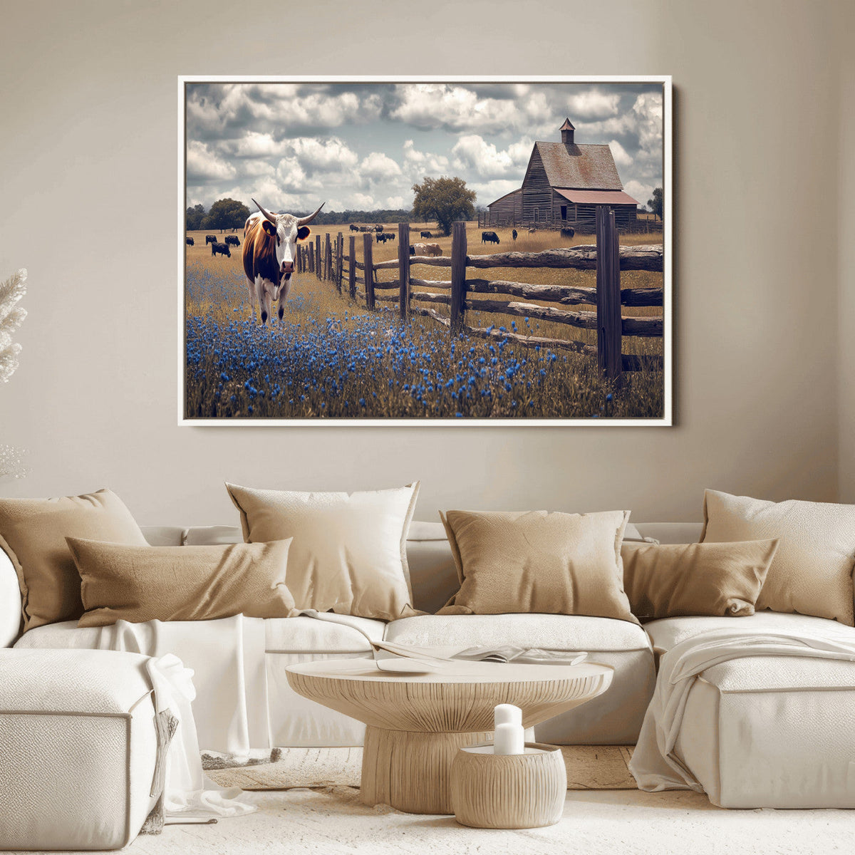 Texas Longhorn Canvas Wall Art Print – Framed Rustic Barn