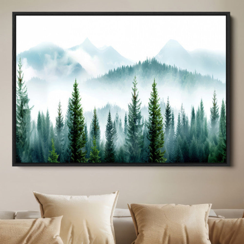 Pine Forest Wall Art Canvas Print – Misty Mountains Foggy