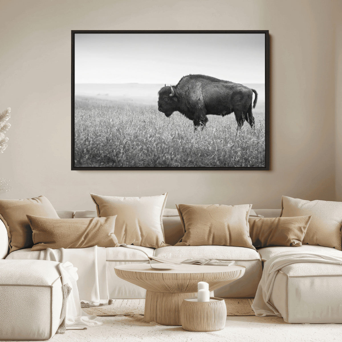 Bison in Prairie Wall Art Canvas Print – Framed Rustic