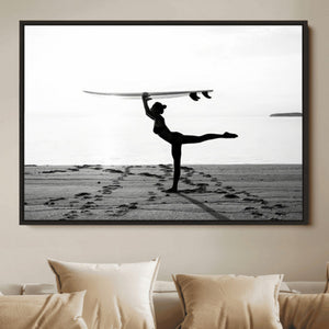 Yoga Surf Wall Art Canvas Print – Framed Black White Shore