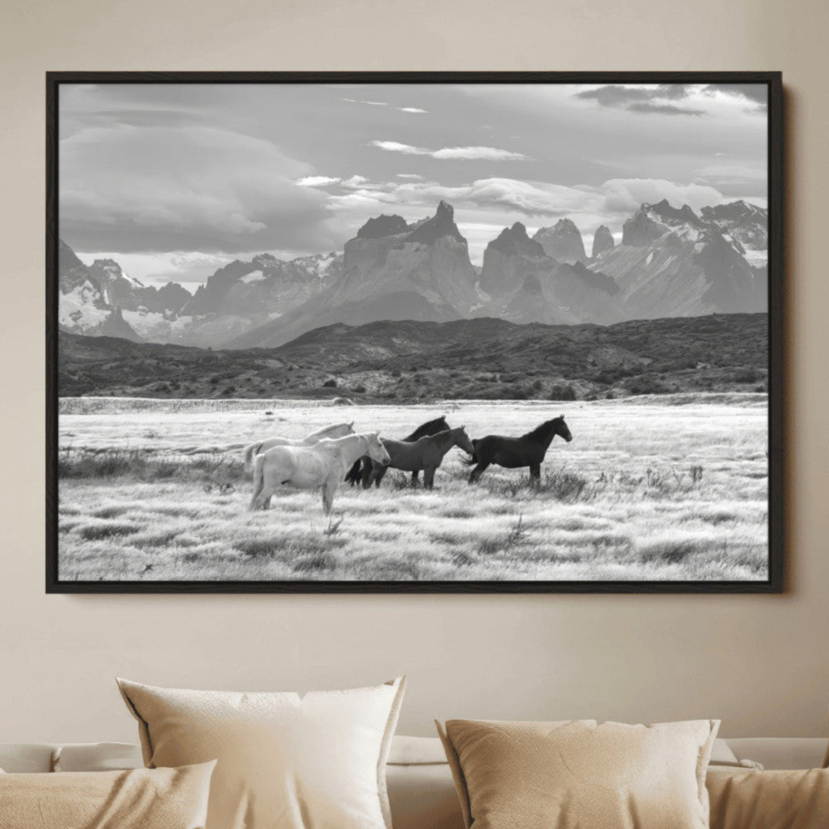 Wild Horses Wall Art Canvas Print – Framed Black and White