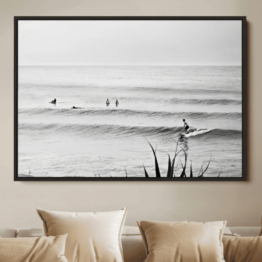 Surfer Silhouette Wall Art – Framed Calm Ocean Monochrome