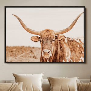 Texas Longhorn Wall Art Canvas Print – Framed Sepia Cow Art