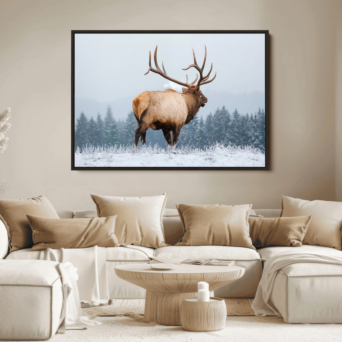 Elk Wall Art Canvas Print – Framed Snowy Forest Scene Art