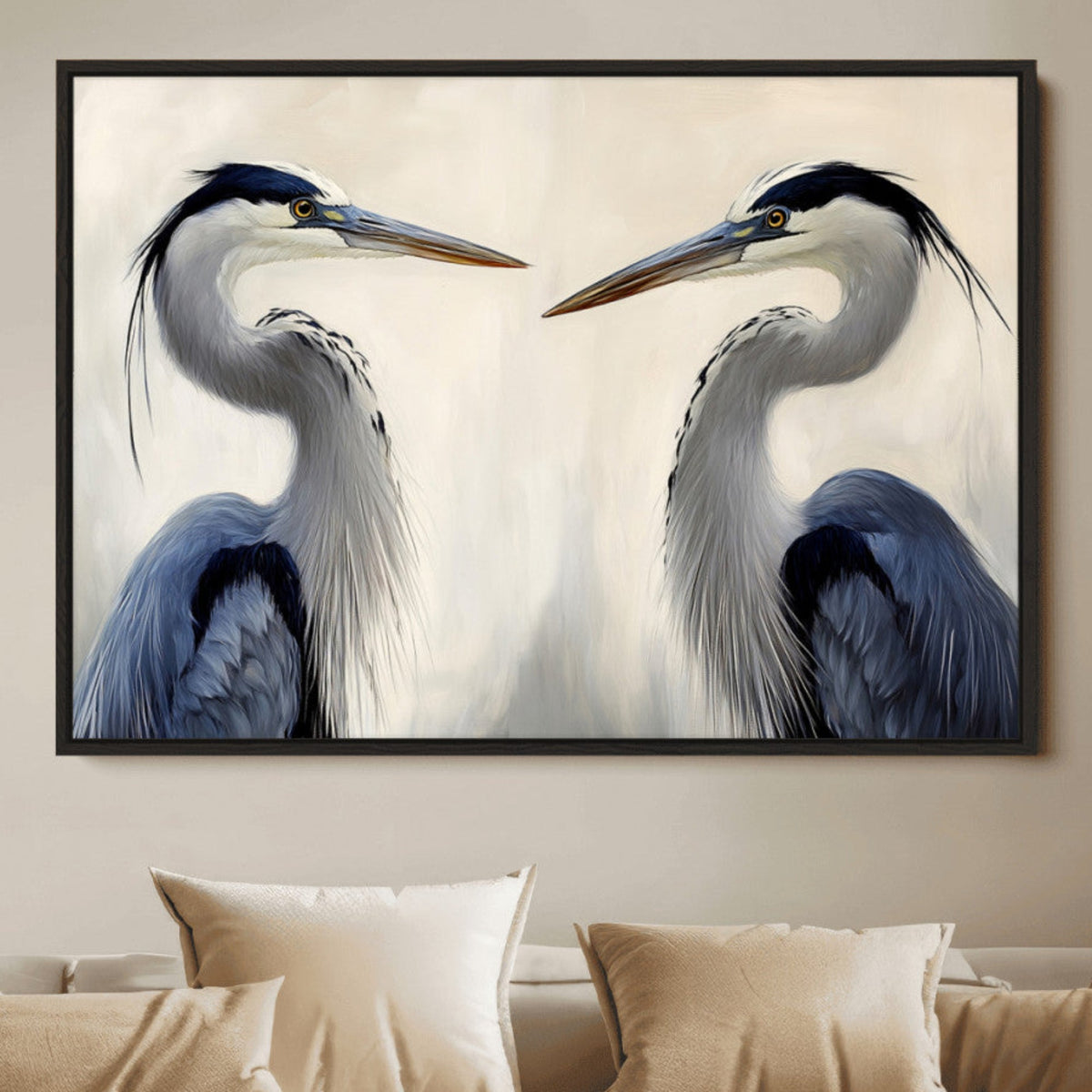 Blue Heron Pair Wall Art Canvas Print, Framed Coastal Bird