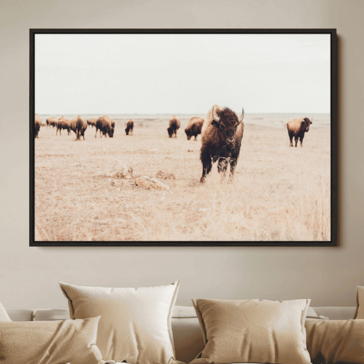 Bison Herd Wall Art Canvas Print, Framed Western Landscape