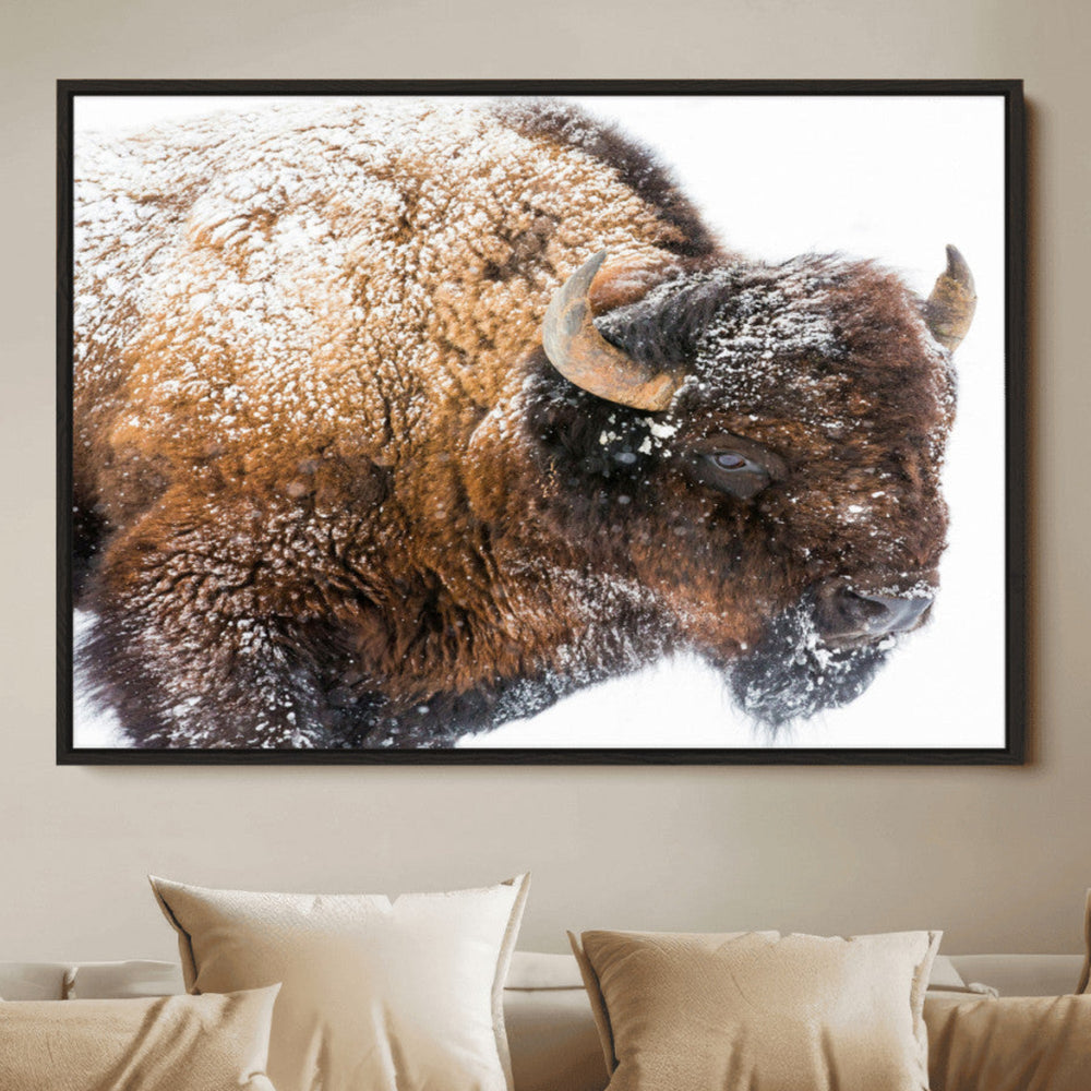 Snowy Buffalo Wall Art Canvas Print – Framed Rustic Lodge