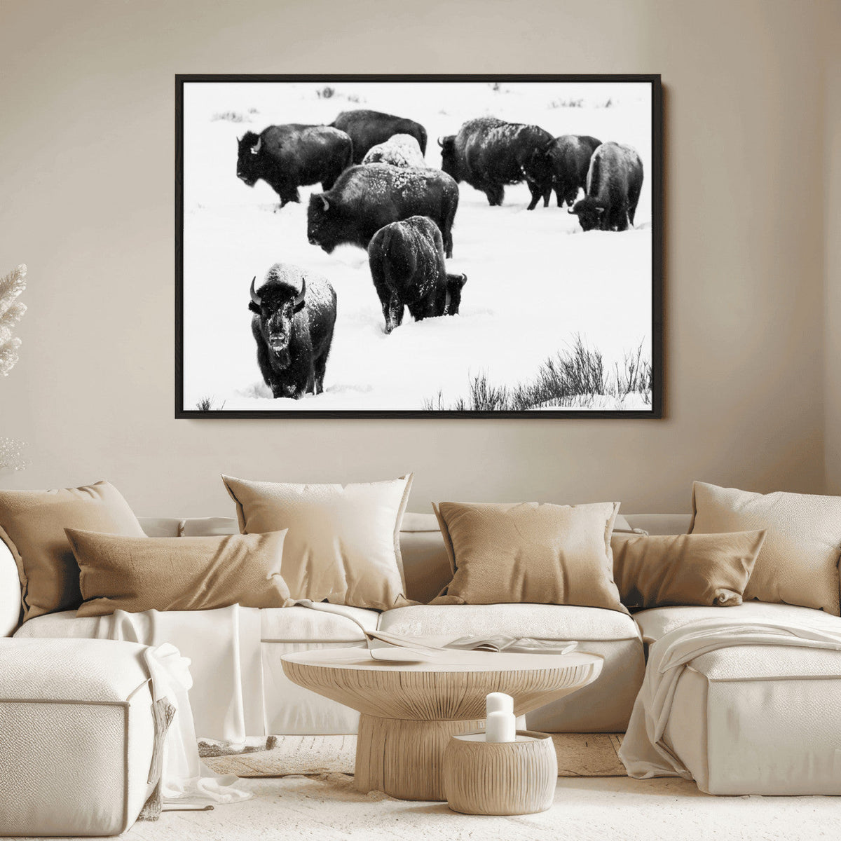 Buffalo Herd Wall Art Canvas Print – Framed Black and White