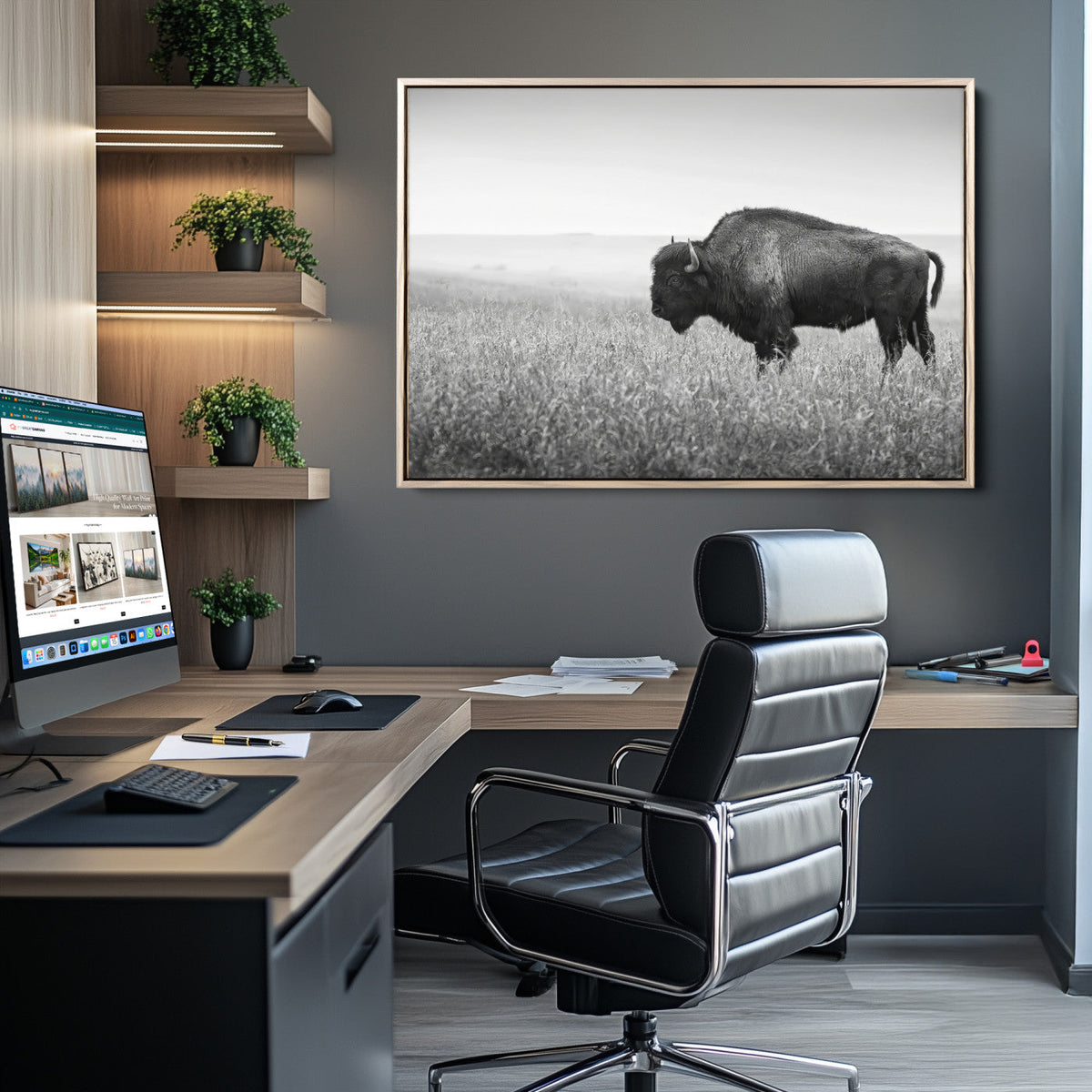 Bison in Prairie Wall Art Canvas Print – Framed Rustic