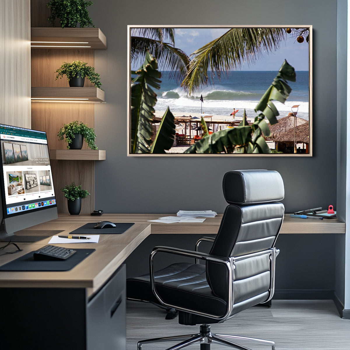 Tropical Shoreline Wall Art Canvas Print – Framed Surfer