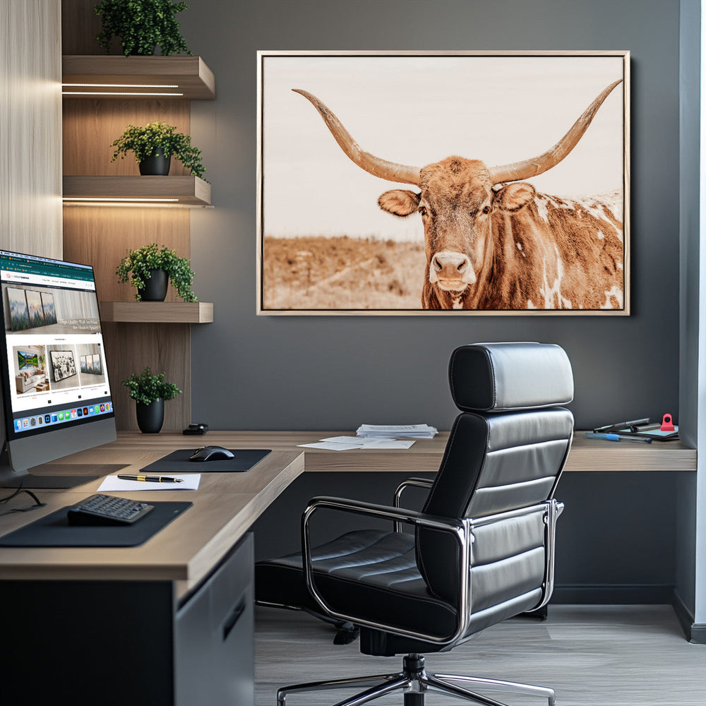Texas Longhorn Wall Art Canvas Print – Framed Sepia Cow Art