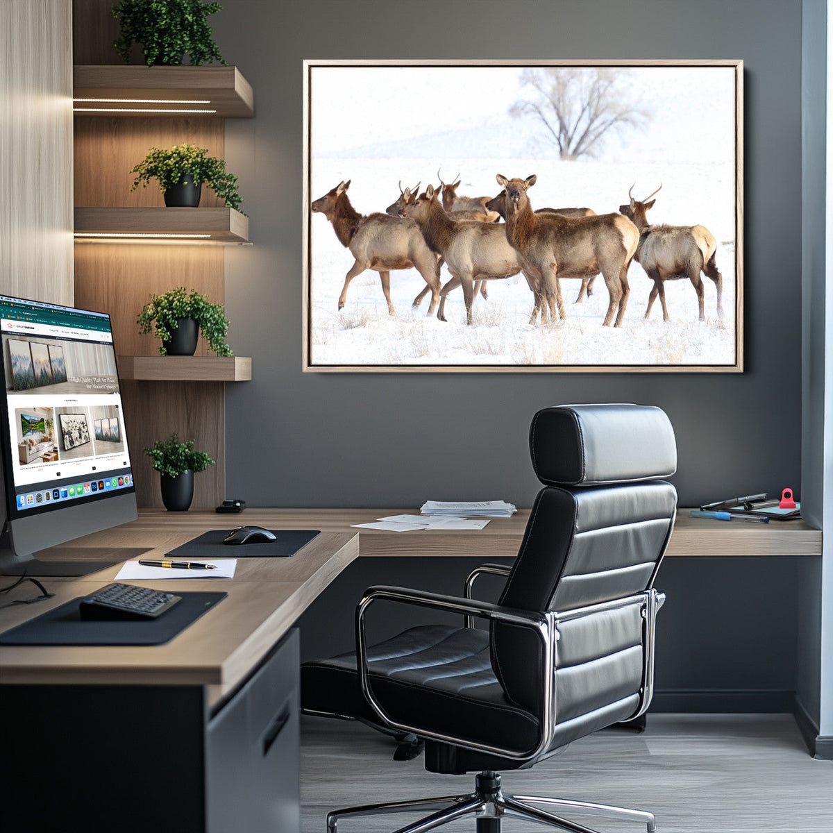 Winter Elk Scene Wall Art Canvas Print – Framed Wildlife
