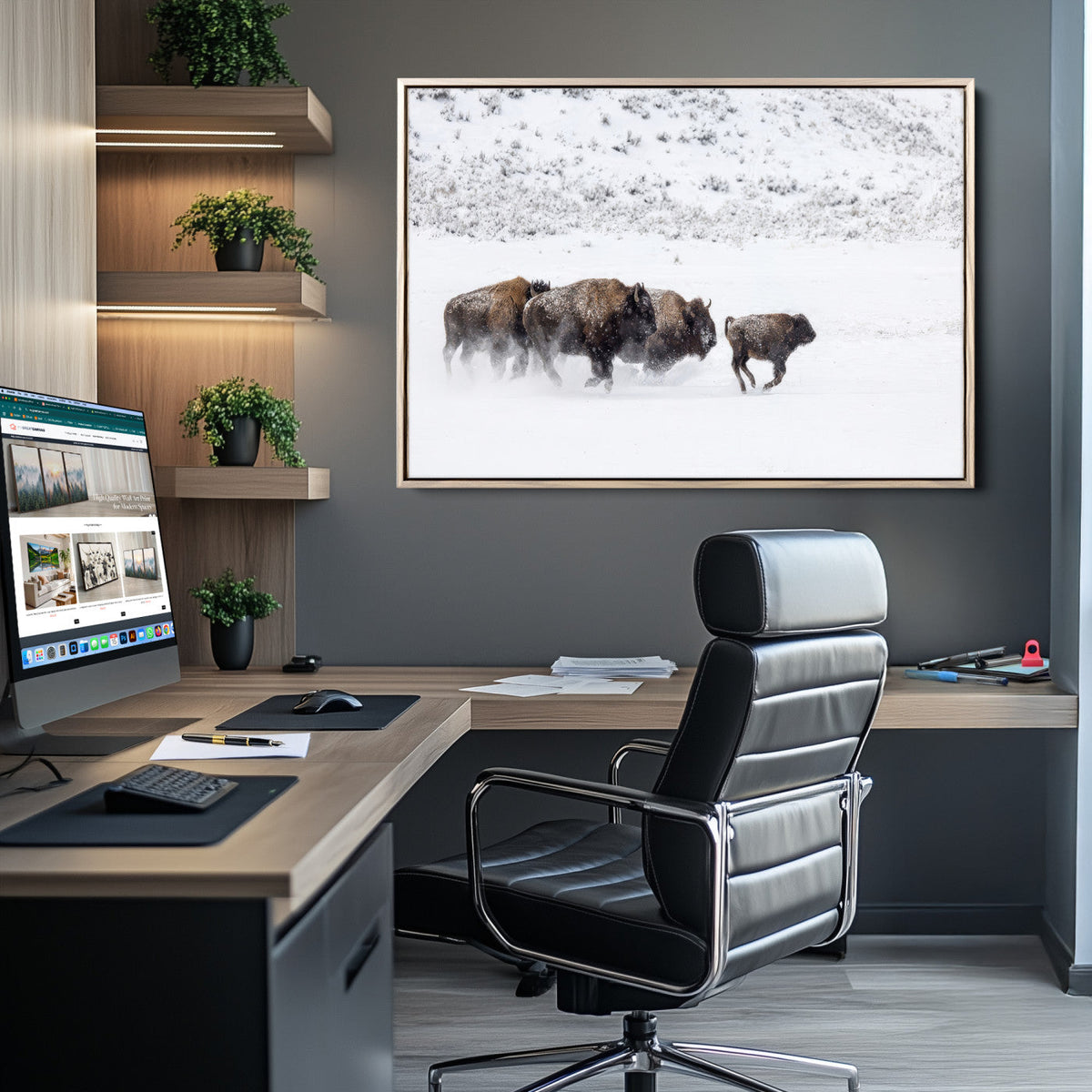 Bison Herd Decor Wall Art Canvas Print – Framed Snowy Bison