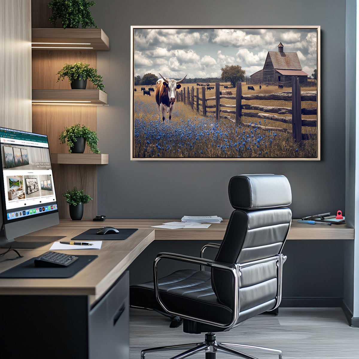 Texas Longhorn Canvas Wall Art Print – Framed Rustic Barn