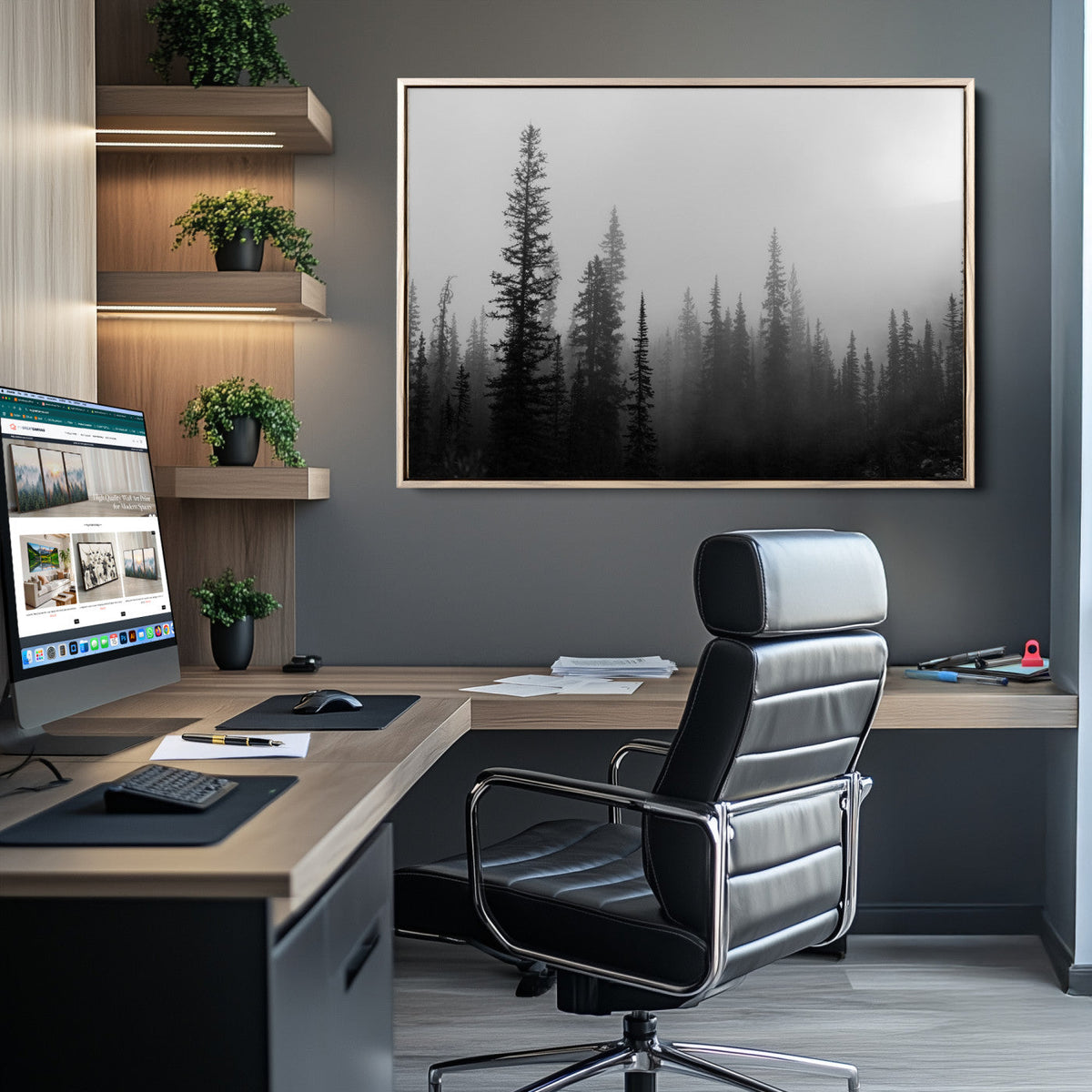 Misty Pines Wall Art Canvas Print – Framed Woodland