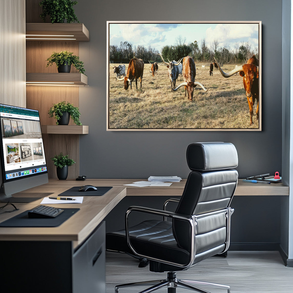 Texas Longhorns Wall Art Canvas Print – Framed Rustic Farm