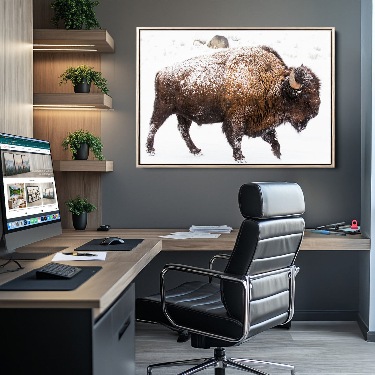 Snowy Buffalo Wall Art Canvas Print – Framed Wildlife