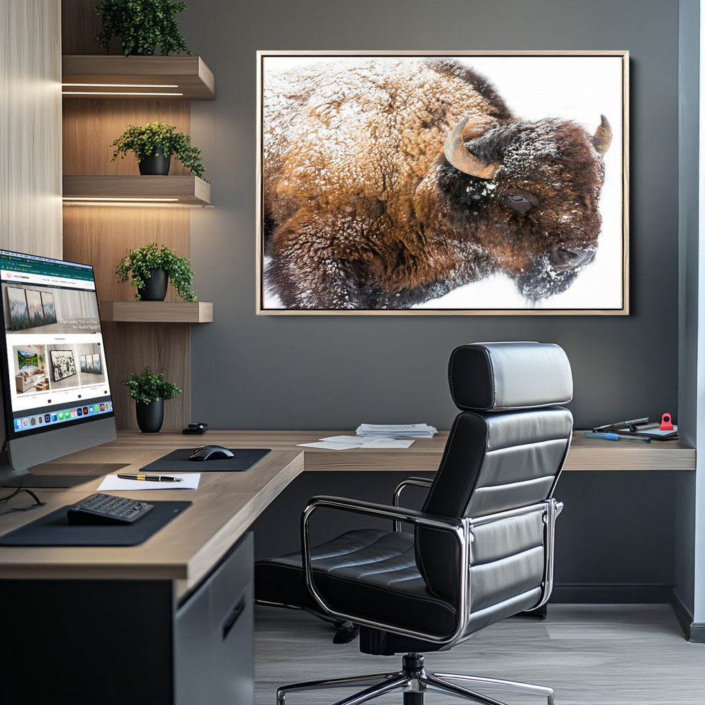 Snowy Buffalo Wall Art Canvas Print – Framed Rustic Lodge