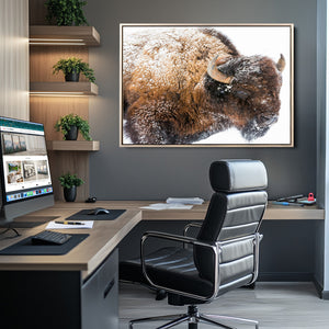 Snowy Buffalo Wall Art Canvas Print – Framed Rustic Lodge