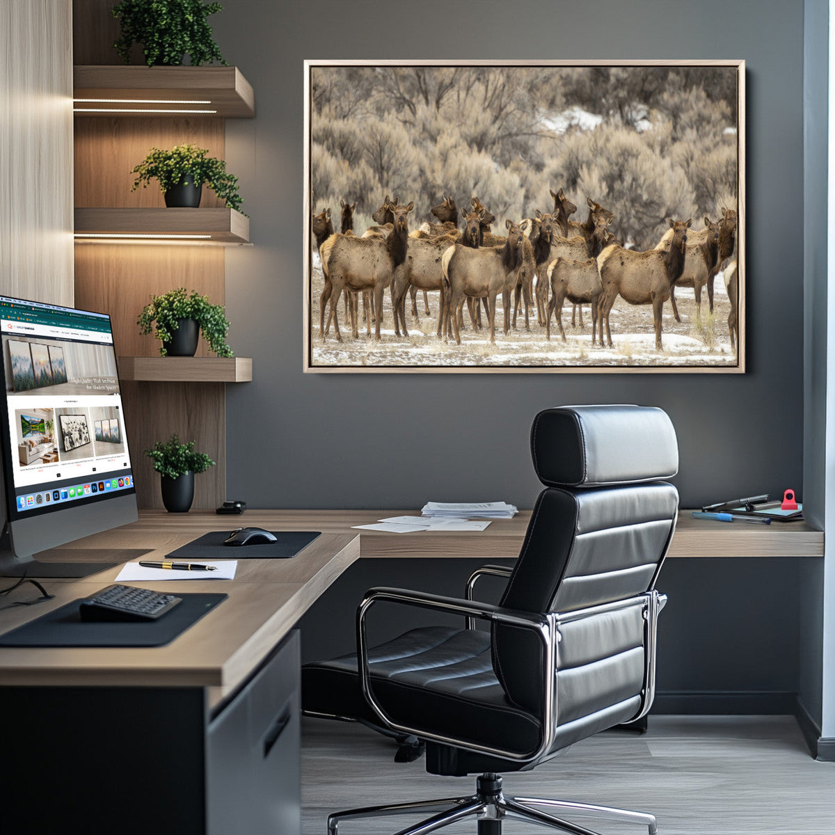 Majestic Elk Herd Winter Canvas, Elk Herd Winter Landscape