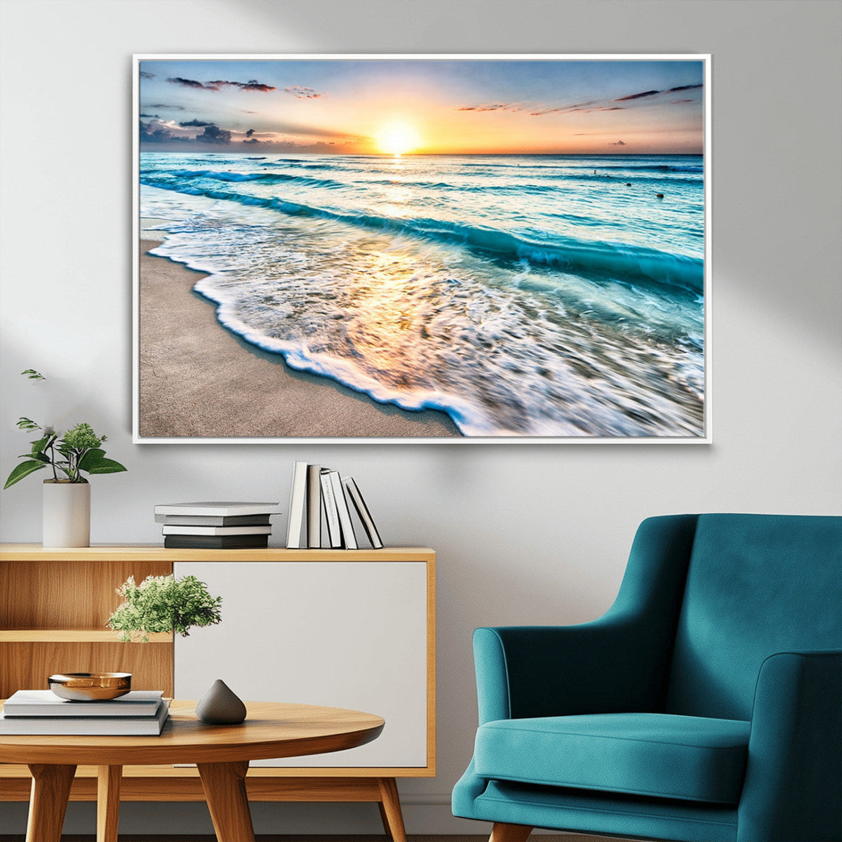 Sunset Beach Waves Canvas Wall Art – 5-Panel Ocean Sunset