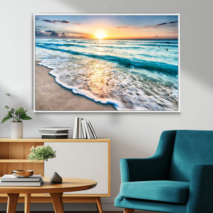 Sunset Beach Waves Canvas Wall Art – 5-Panel Ocean Sunset