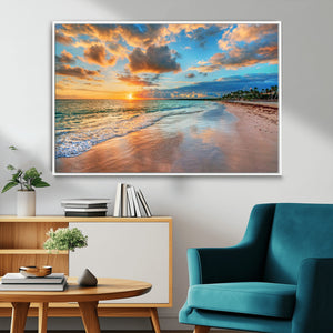 Sunset Ocean Waves on Tropical Beach, 3-Panel Giclee Canvas