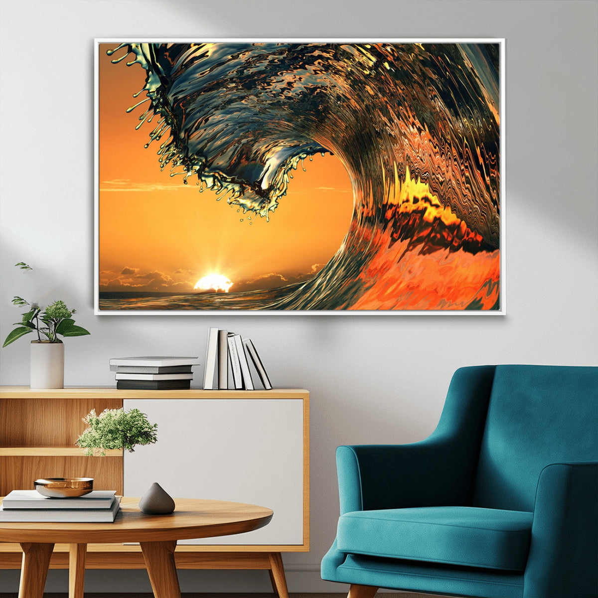 Surf Wave Sunset Canvas Wall Art Print, 3-Panel Ocean