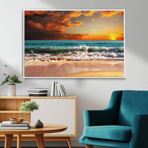 Golden Sunset Beach Canvas Wall Art – Triptych Seascape