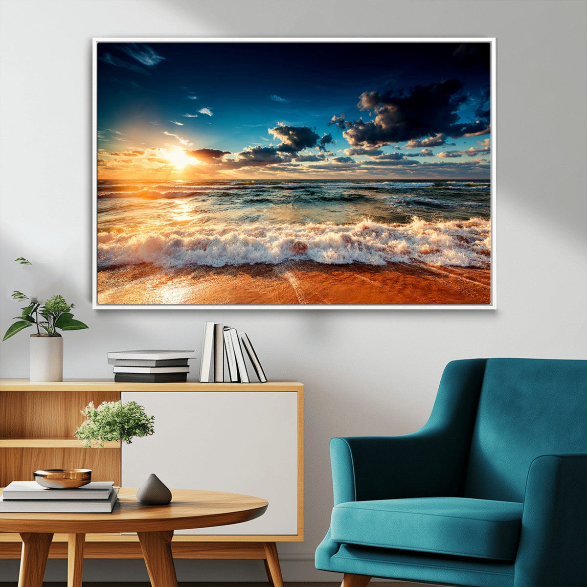 Golden Hour Sunset Over Ocean Waves Wall Art Canvas Print |