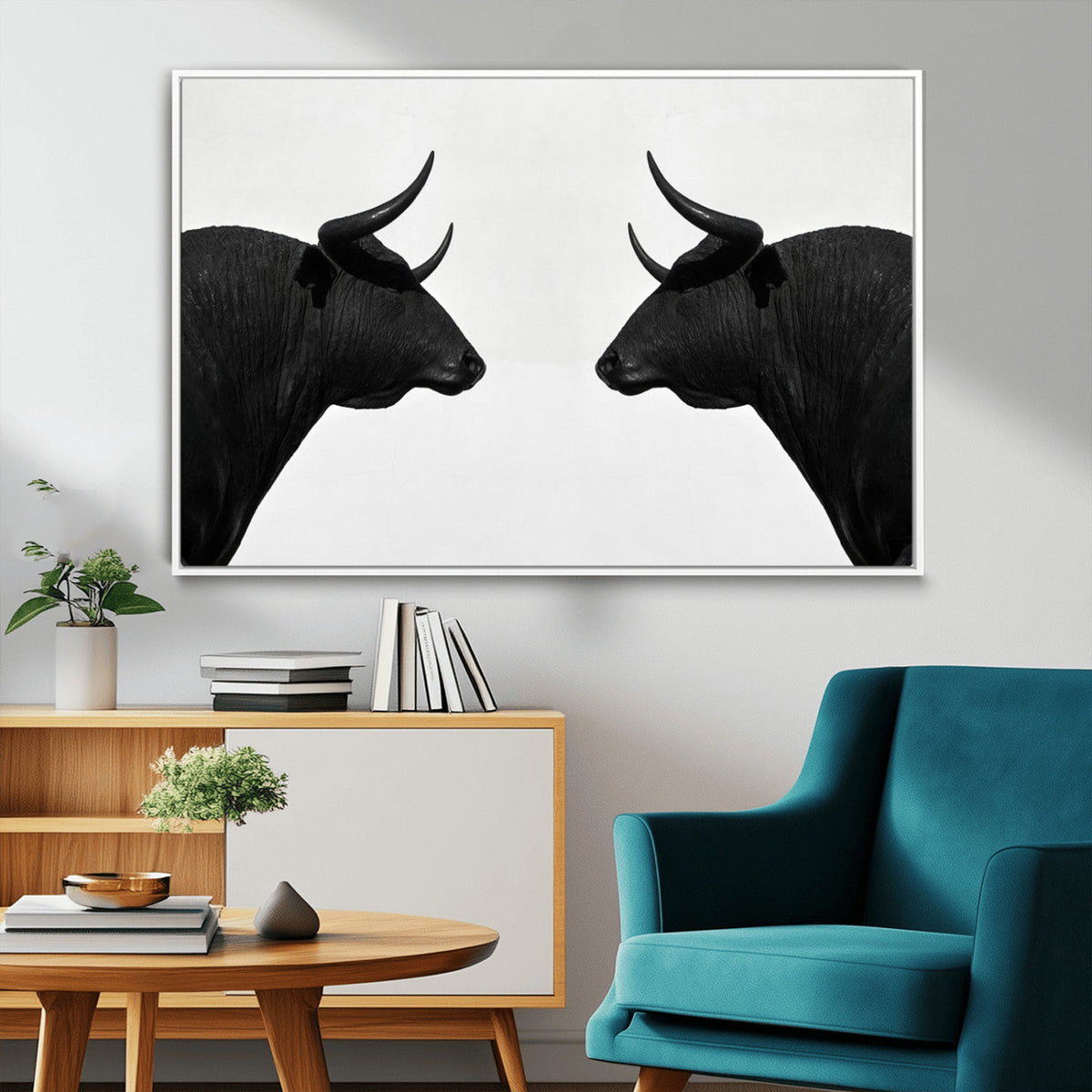 Spanish Bull Art - Framed Black and White Bull Canvas Print