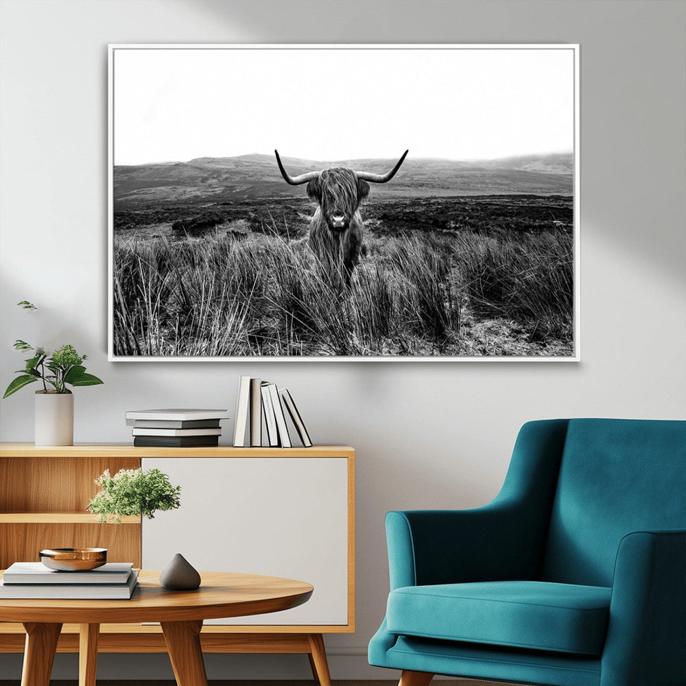 Black and White Highland Cow Canvas Wall Art, Longhorn