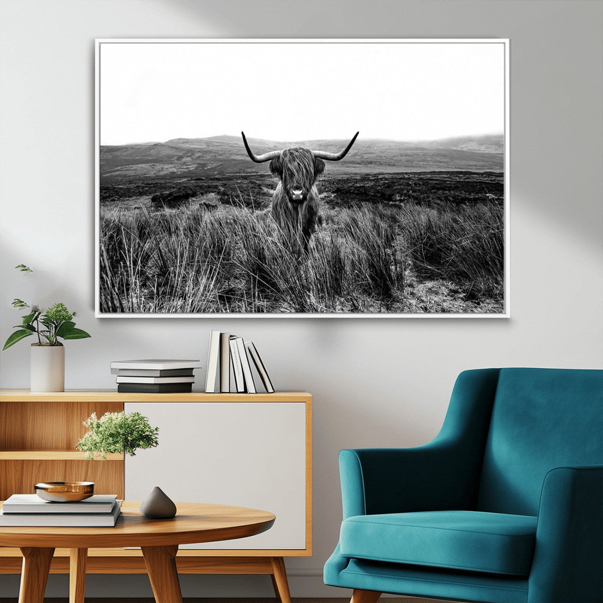 Black and White Highland Cow Canvas Wall Art, Longhorn