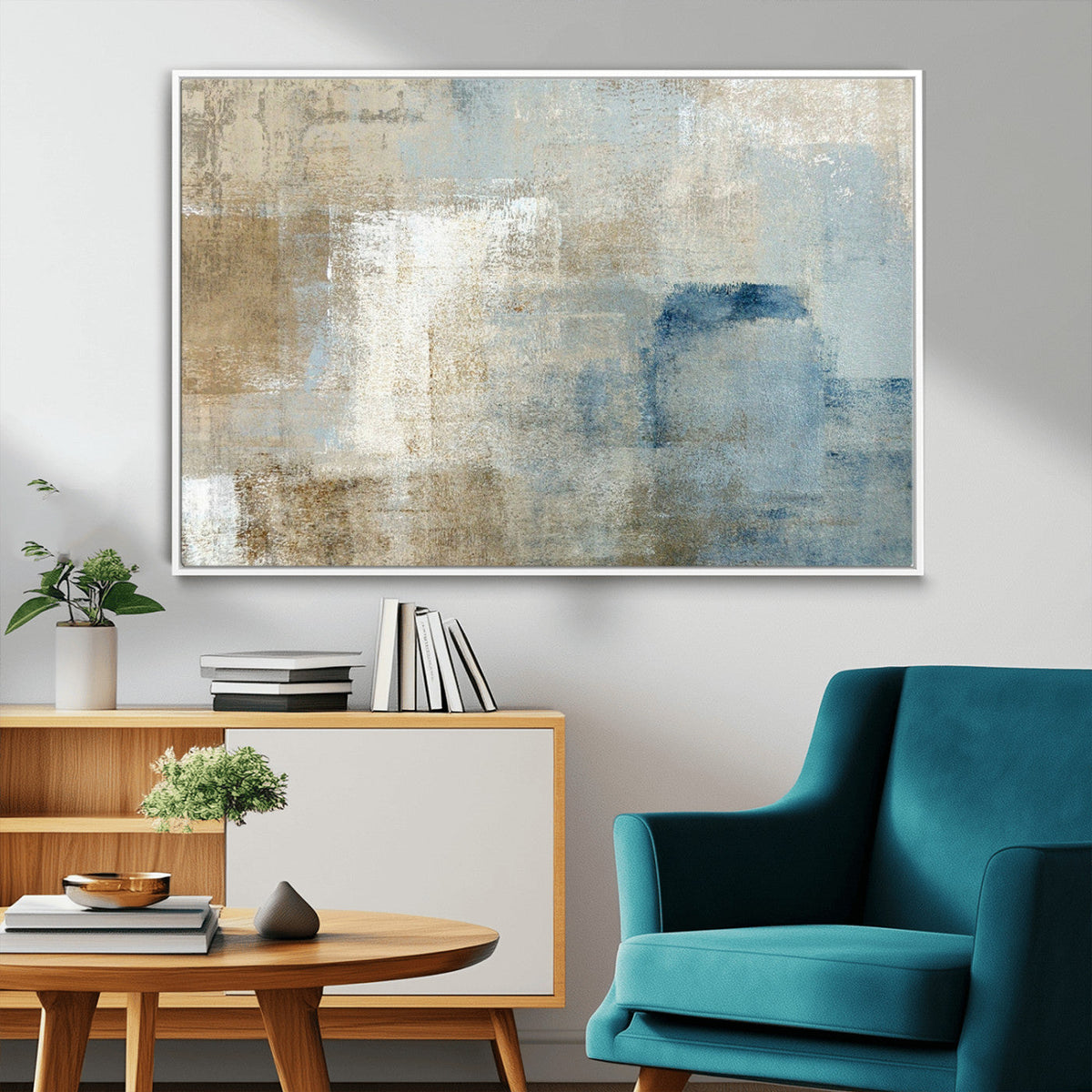 Abstract Blue and Beige Wall Art, Modern Minimalist Canvas