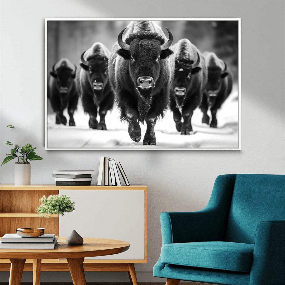 American Bison Art | Buffalo Herd Wall Art Canvas Print, BW