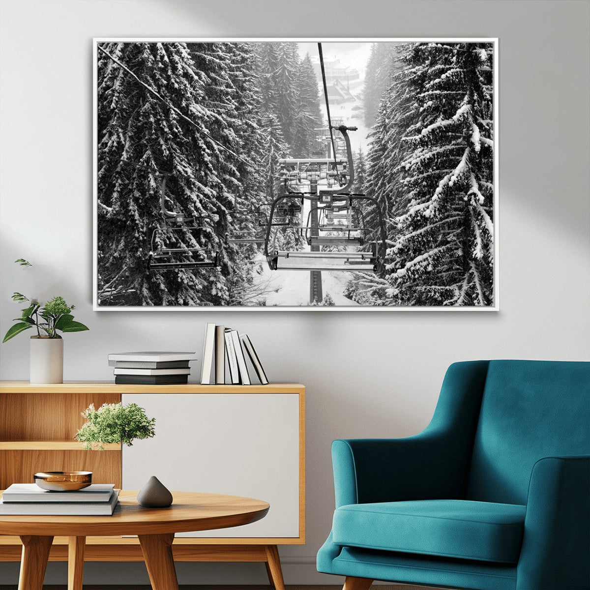 Winter Ski Lift Black and White Canvas Wall Art – Alpine